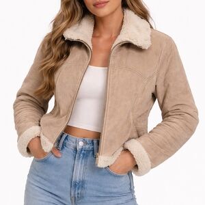 Vintage 90's Static Tan Leather Fur Sherpa Lining Short Jacket Coat sz S Warm